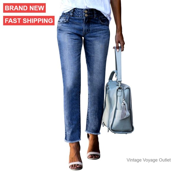 High Waisted Straight Leg Ankle Jeans with Raw Hem and Pockets